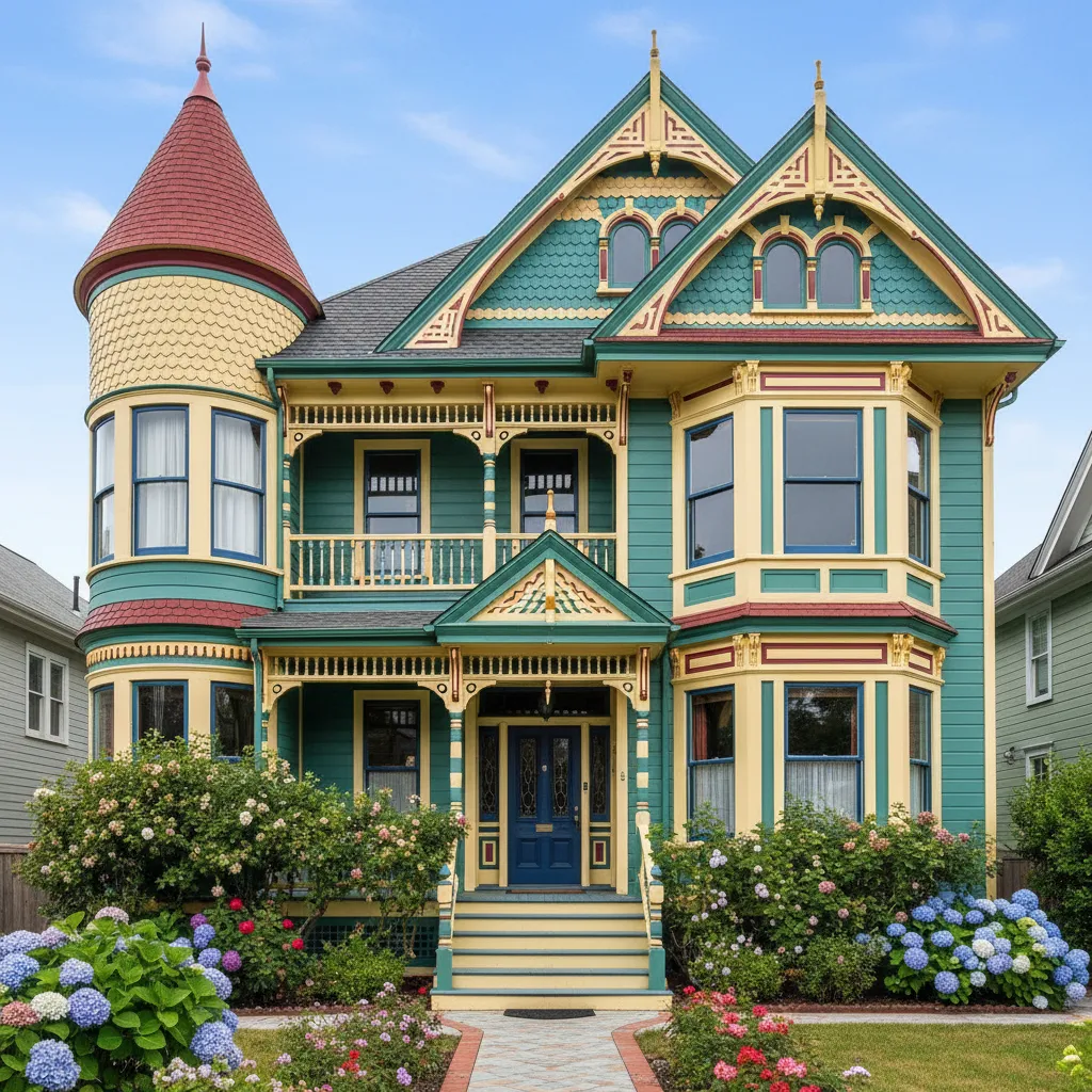 Fachada victoriana pintada con varios colores contrastantes