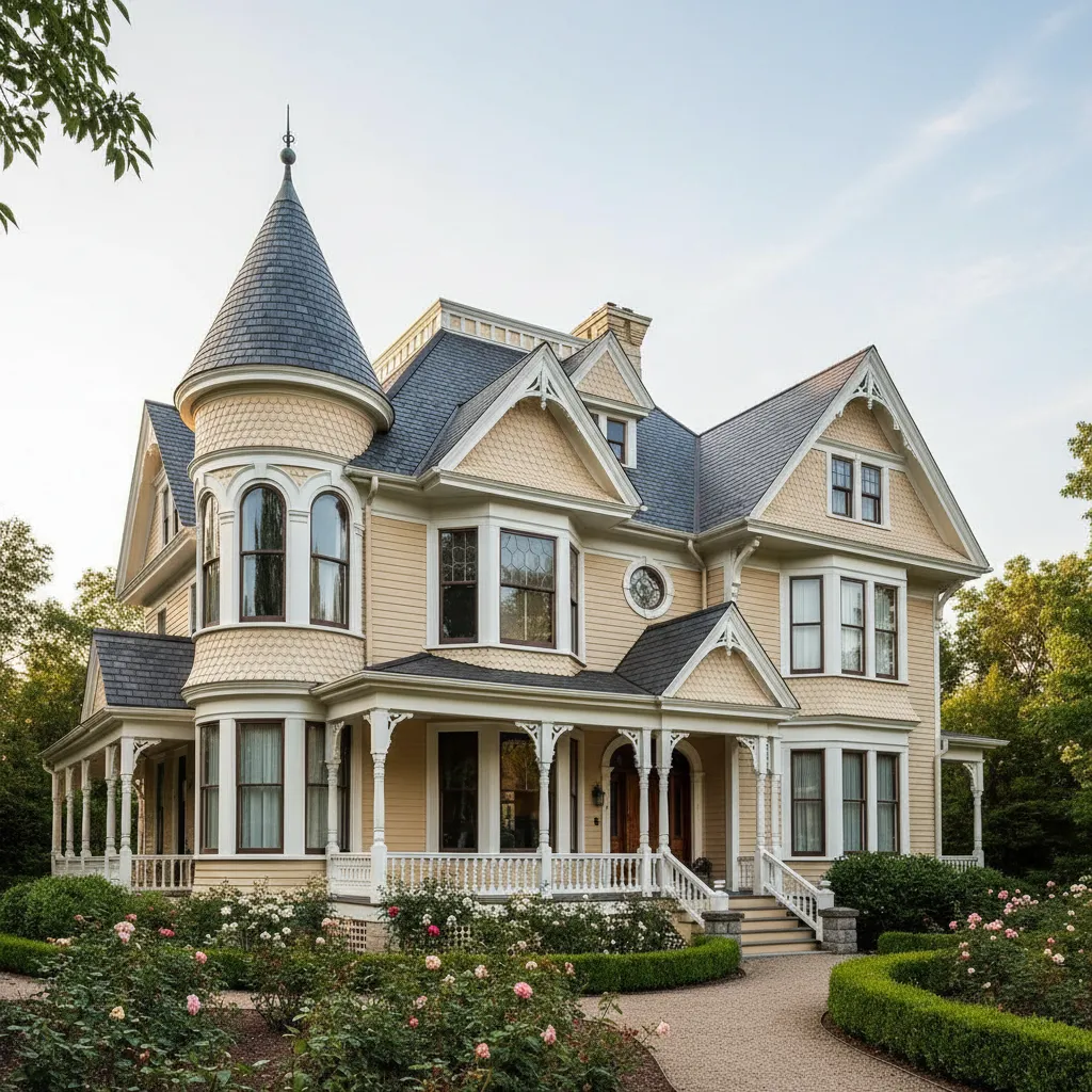 Volumen arquitectónico de una casa victoriana con torres y techos inclinados