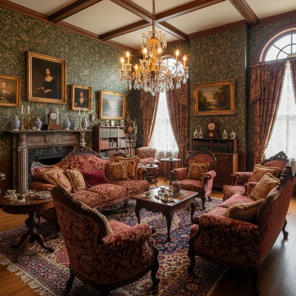 Interior victoriano con muebles pesados y decoración rica en detalles