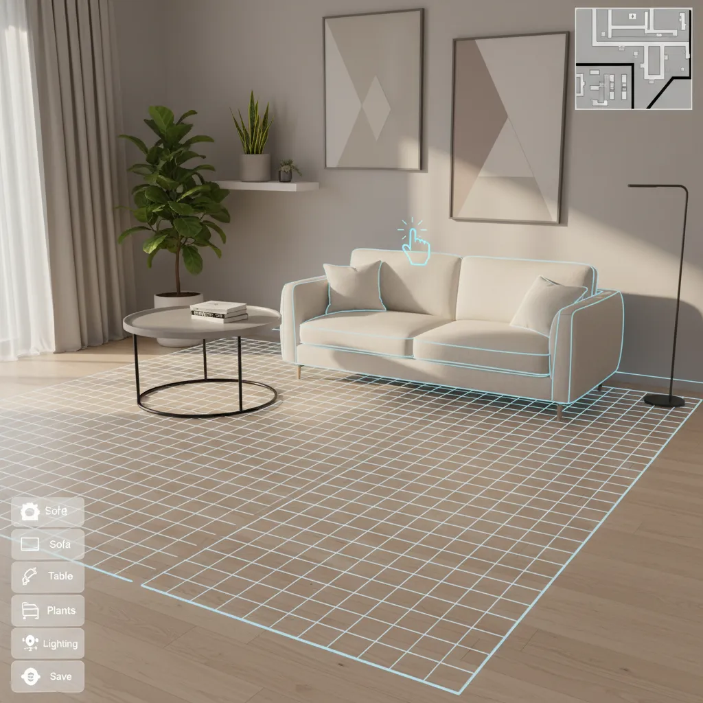 Interfaz de un videojuego donde se diseña una sala colocando muebles