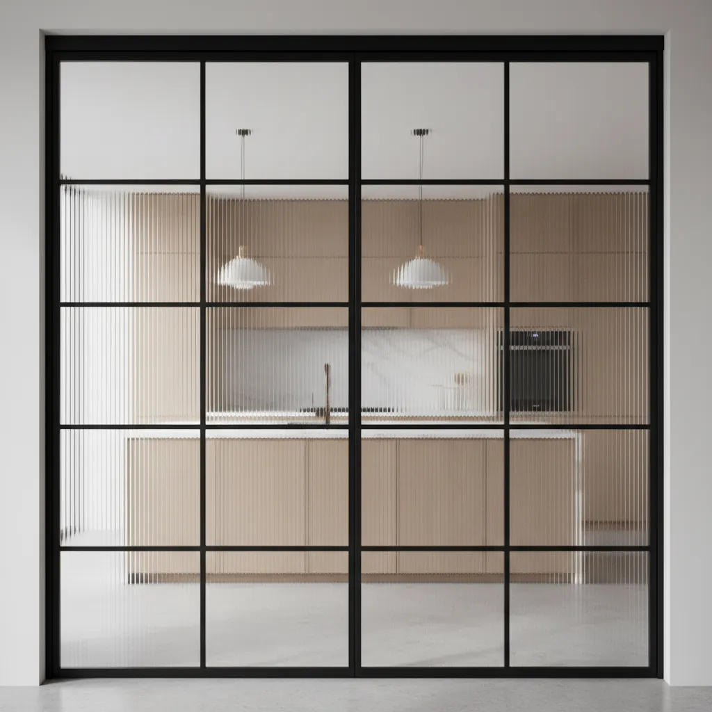 Puerta de hierro con vidrio acanalado en cocina contemporánea