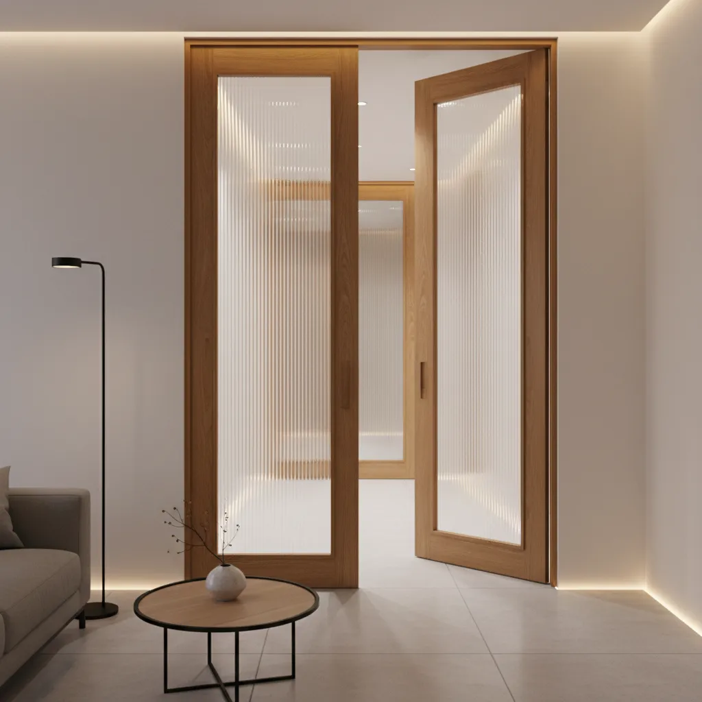 Puerta de madera con vidrio acanalado vertical