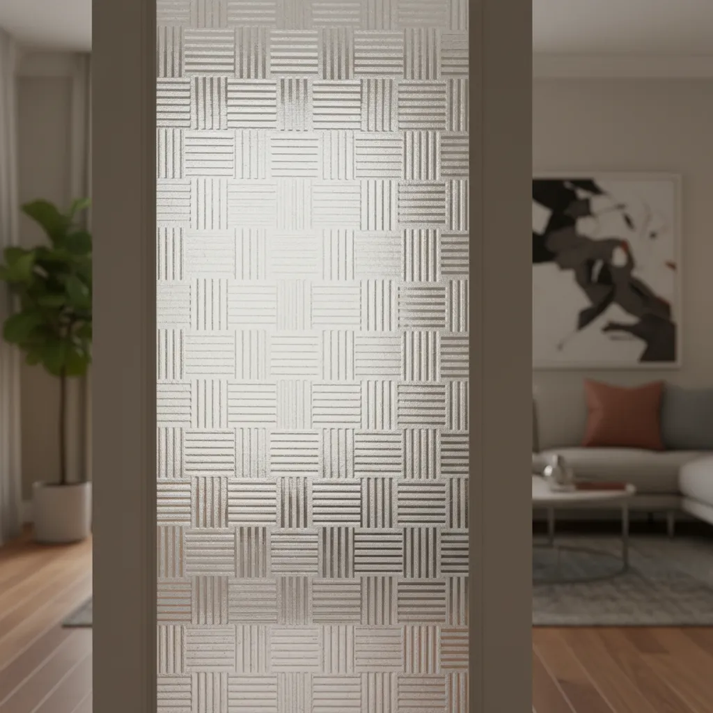 Detalle de cristal grabado decorativo en una puerta interior