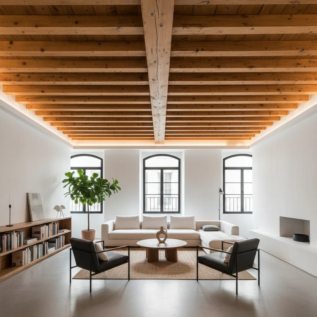 Techo con vigas de madera antiguas restauradas en vivienda moderna
