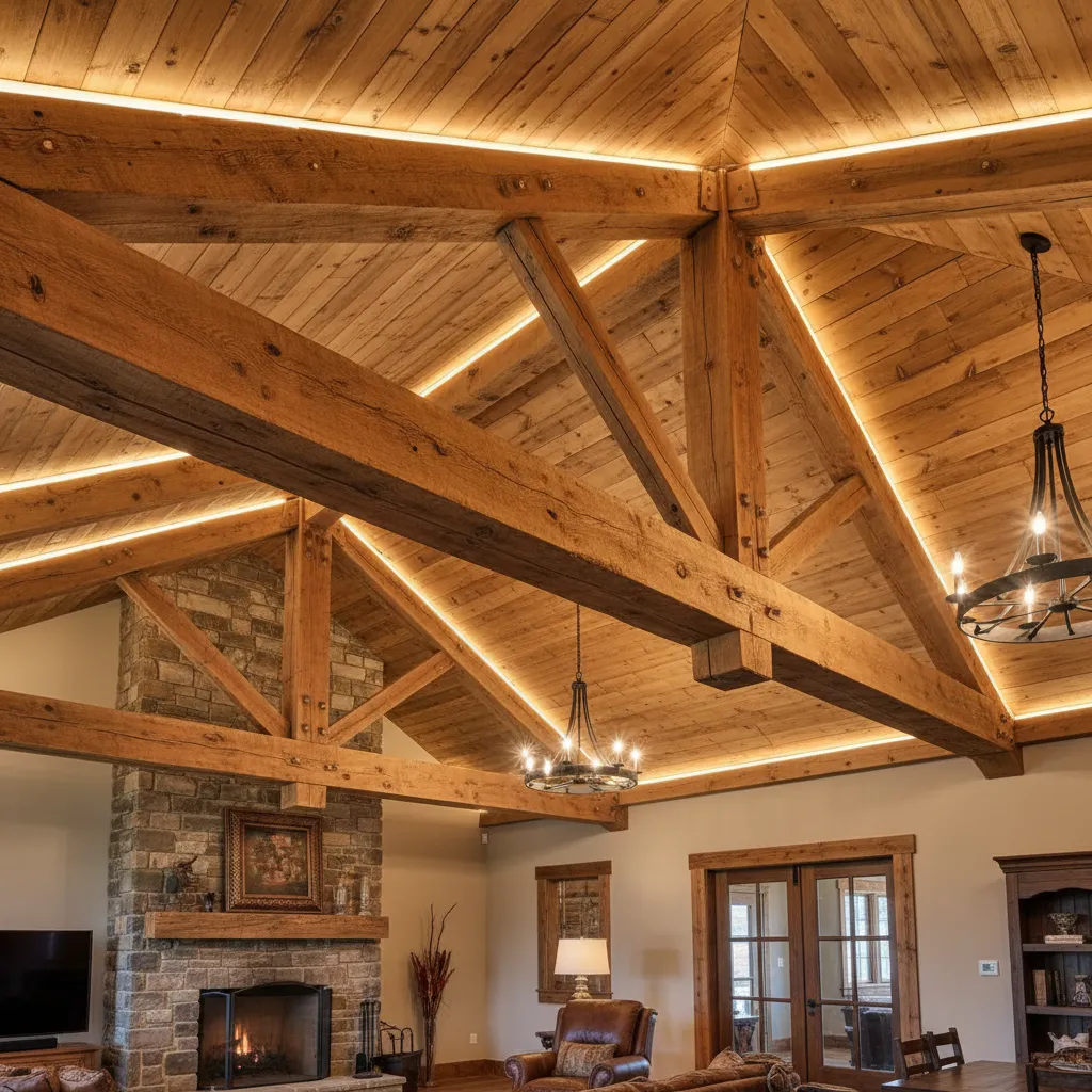 High ceiling with wooden beams strip lighting stone fireplace and two black hanging ceiling lights