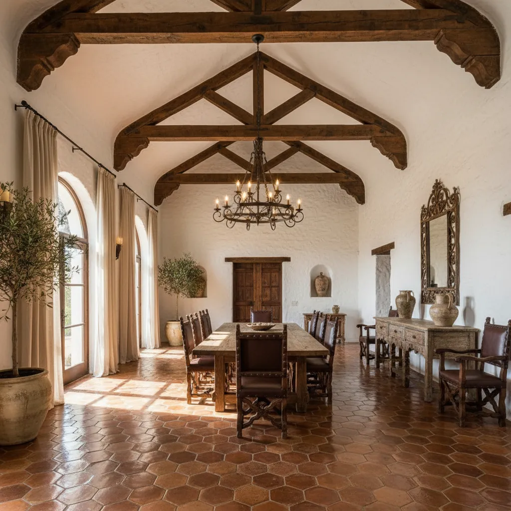 Techo alto con vigas de madera en casa colonial