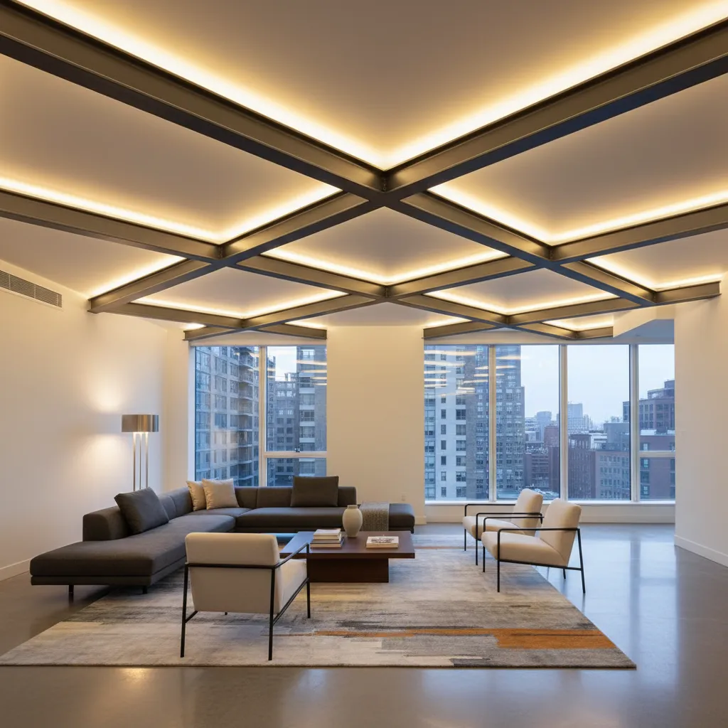 Vigas metálicas pintadas integradas con iluminación en un interior moderno