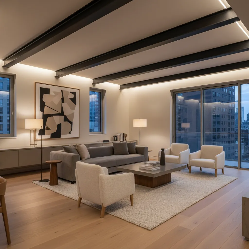 Salón contemporáneo con vigas metálicas negras en el techo