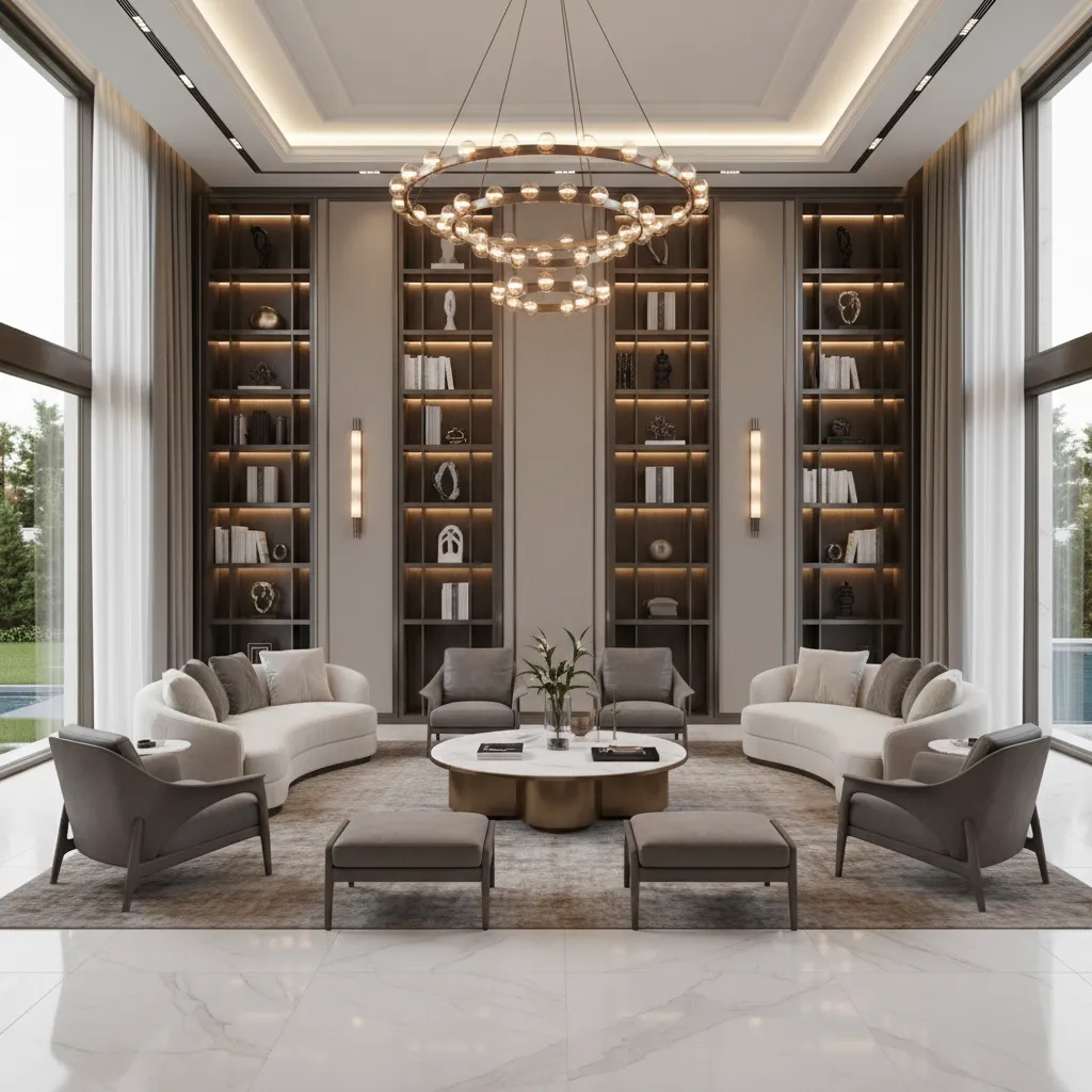 luxury villa interior with custom cabinetry and large living space