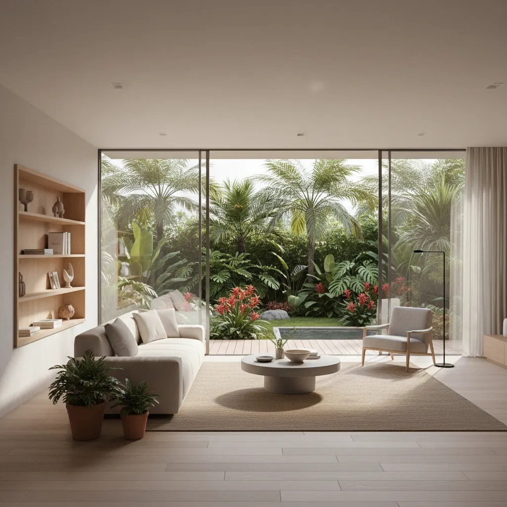 Phòng khách mở ra sân vườn trong biệt thự nhà vườn