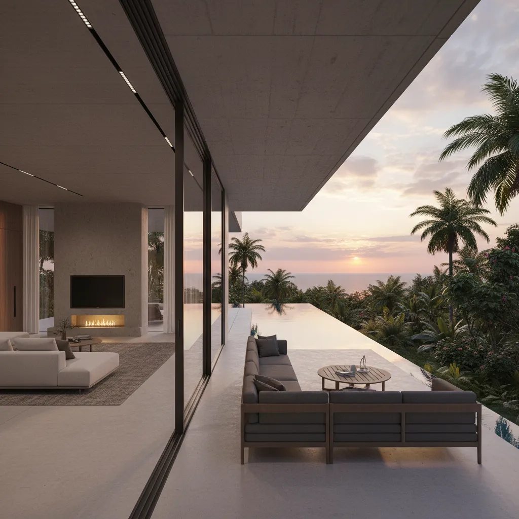 luxury villa living room opening to terrace and infinity pool