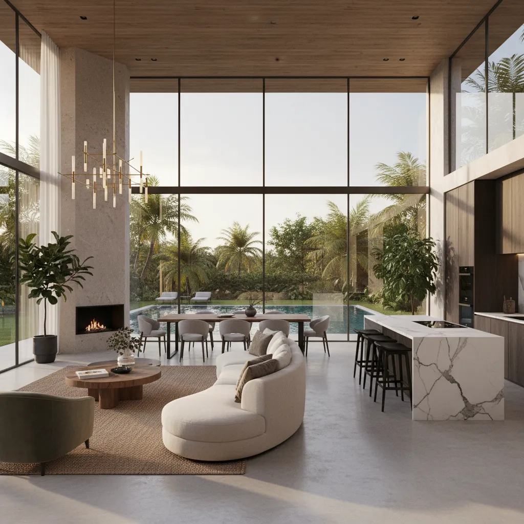 Interior de una villa moderna con salón amplio