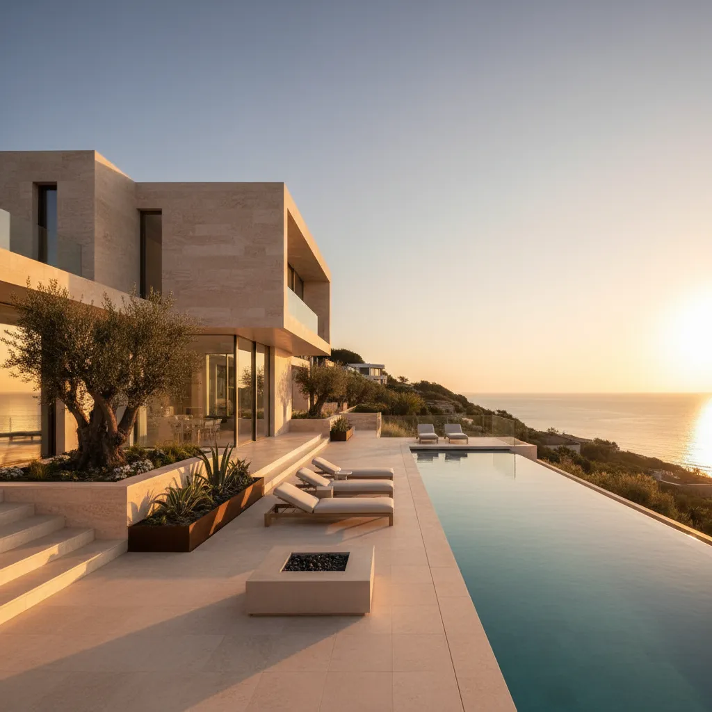 Villa de lujo con fachada completa de travertino