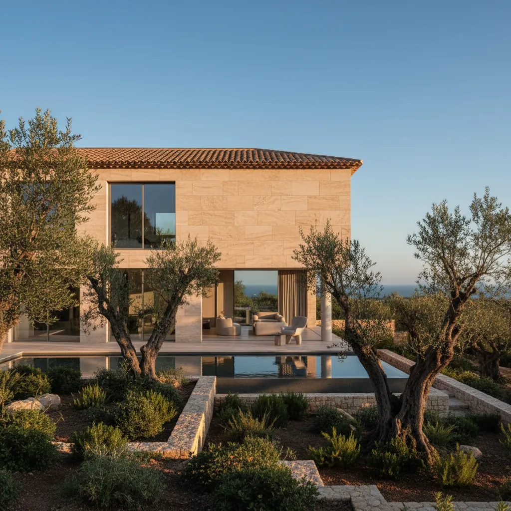 Villa mediterránea contemporánea con fachada de travertino y techo inclinado
