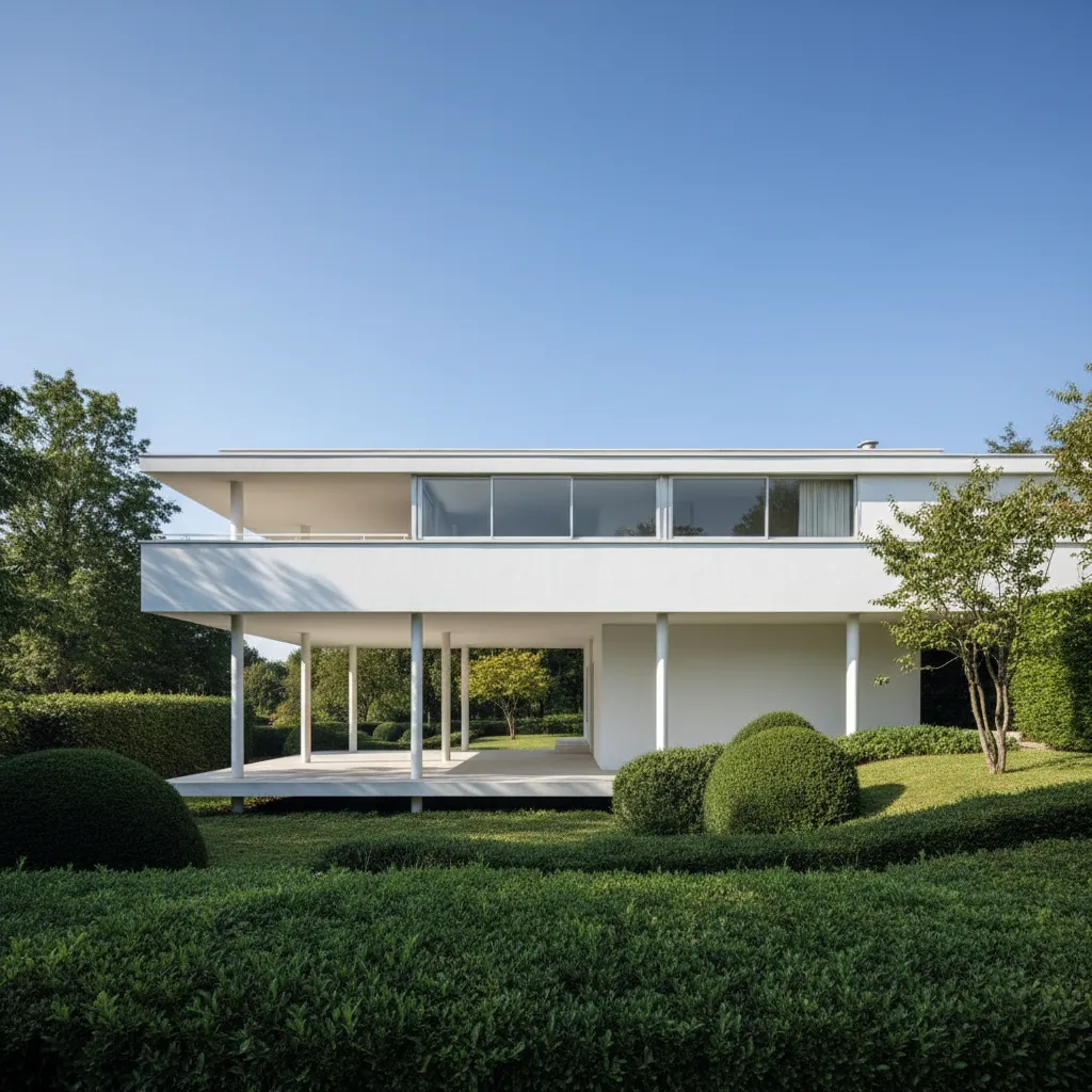 Casa modernista inspirada en la Villa Savoye con estructura elevada