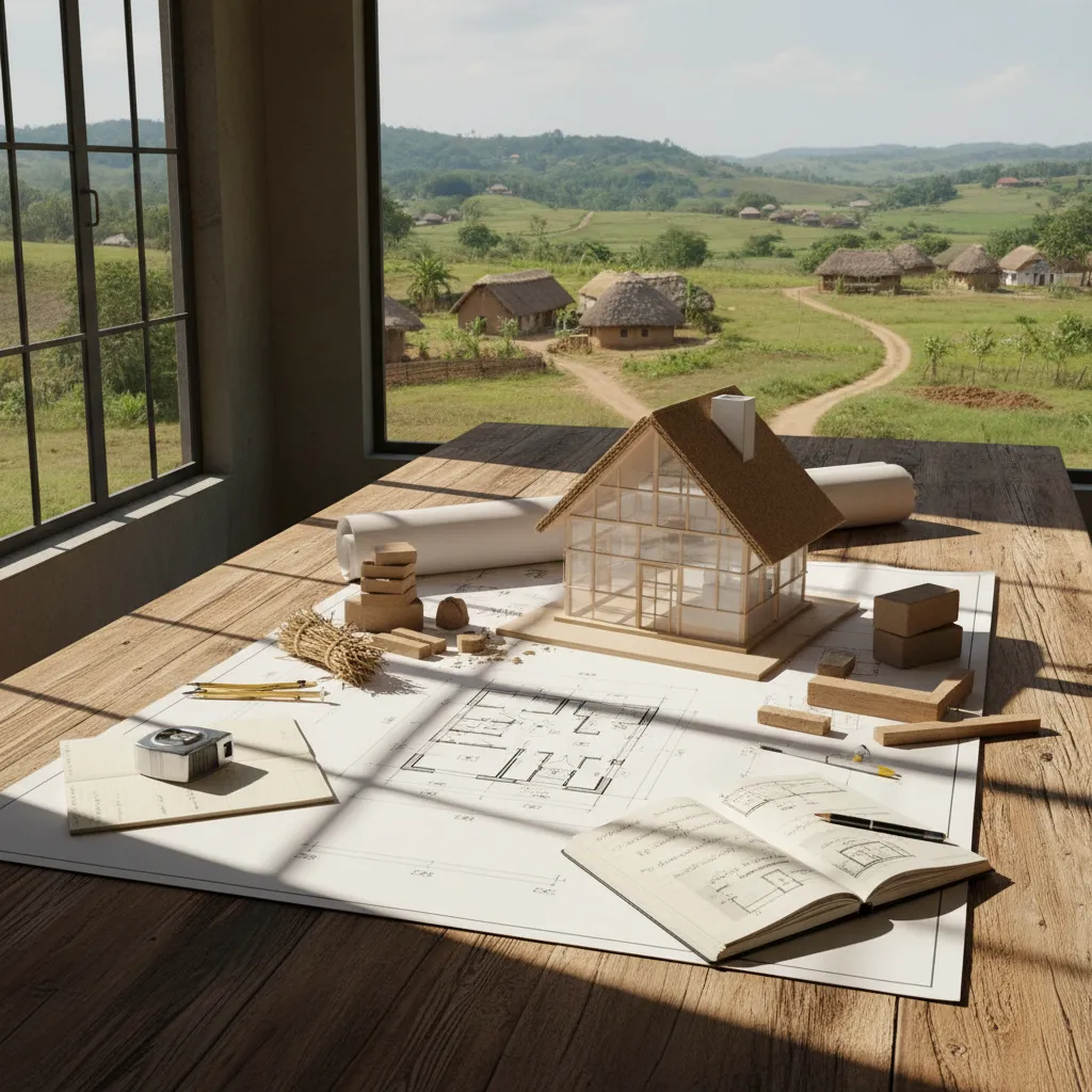 Small house model and floor plan on wooden table with village landscape view through window