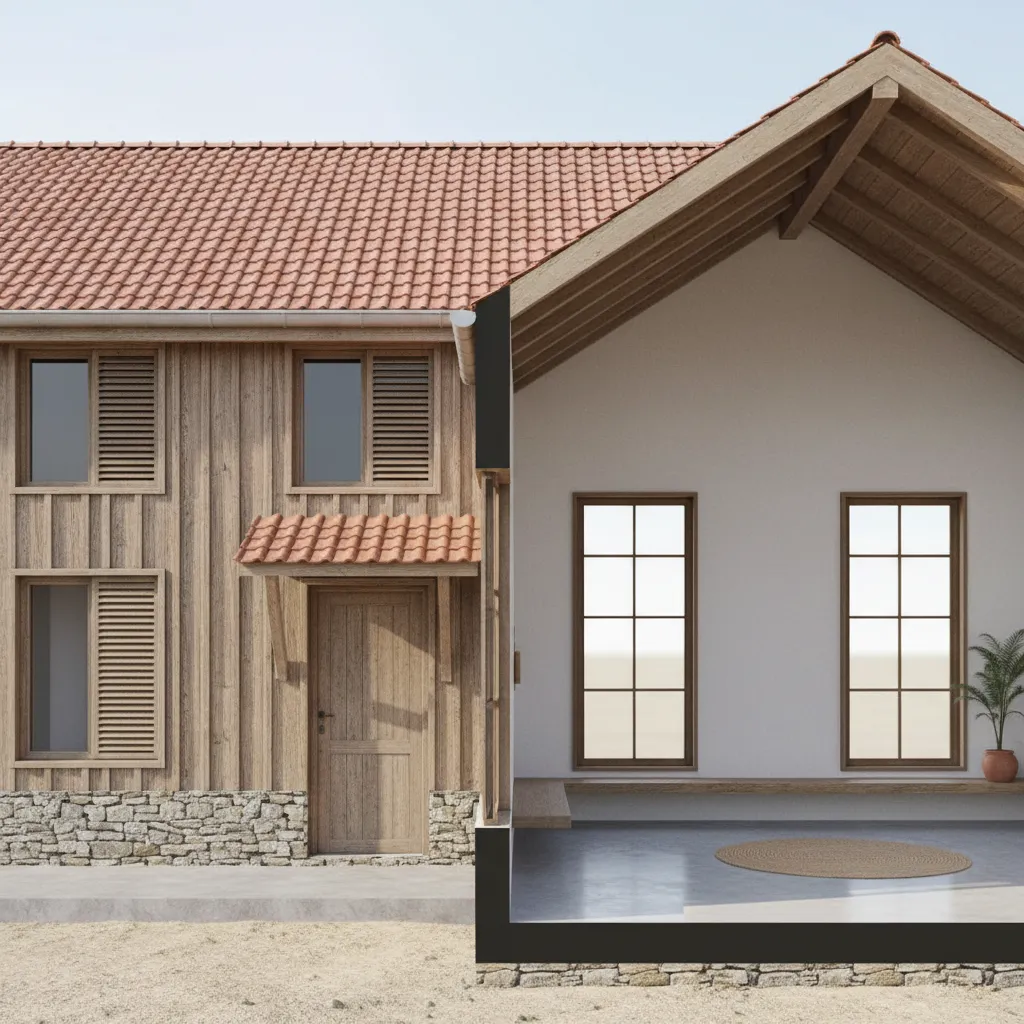 Interior design drawing showing wood house exterior and room with white wall and high ceiling