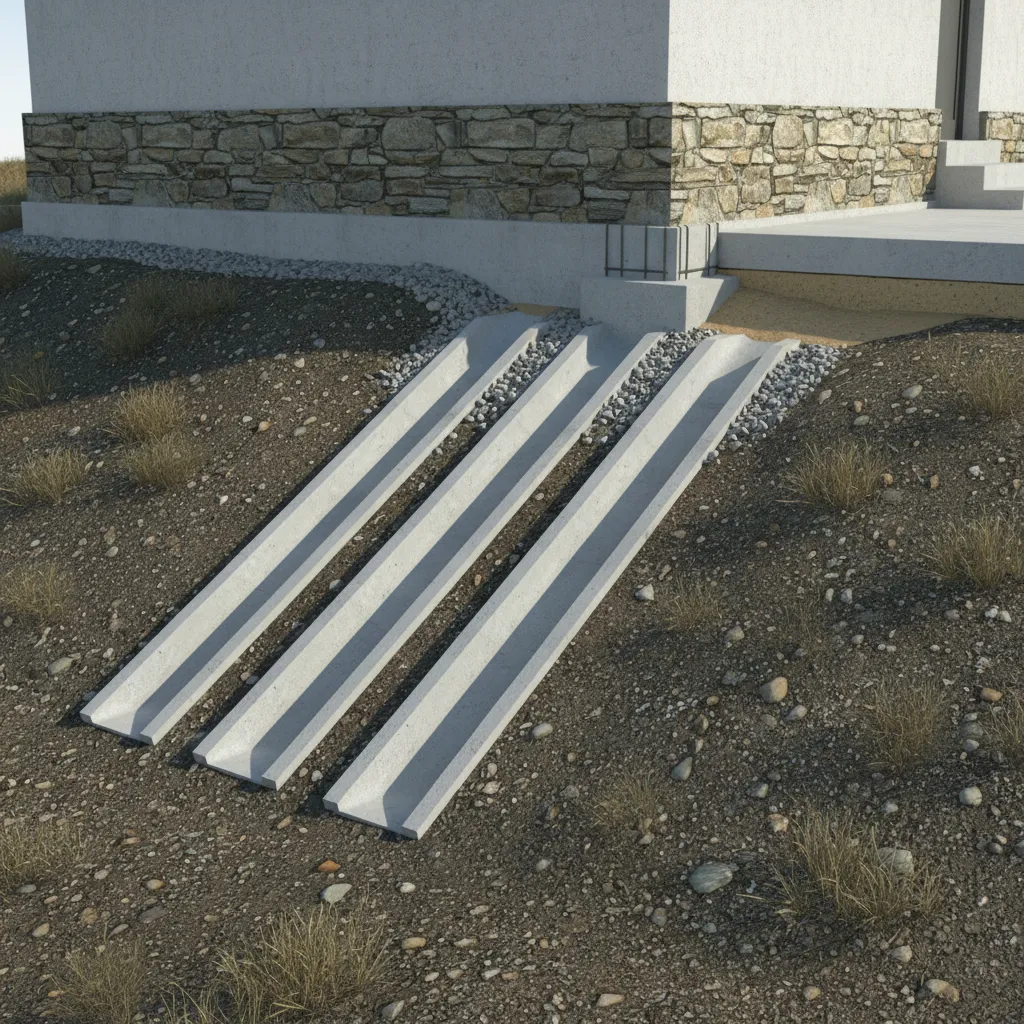 Three concrete drainage channels built on a sloped dirt ground next to a house wall
