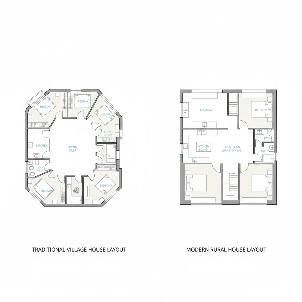 Floor plan comparison between traditional village house and modern rural layout