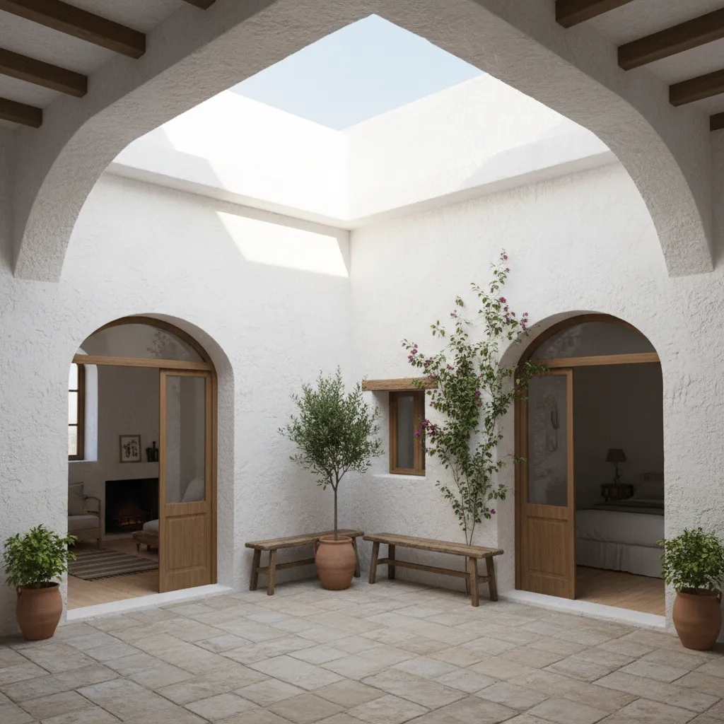 Mediterranean courtyard with white walls stone floor arched wooden doors and green plants under sunlight