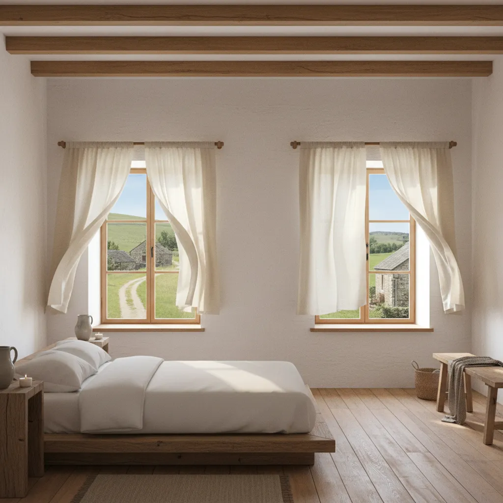 Rustic bedroom with wooden floor, ceiling beams, white curtains, and views of a green field