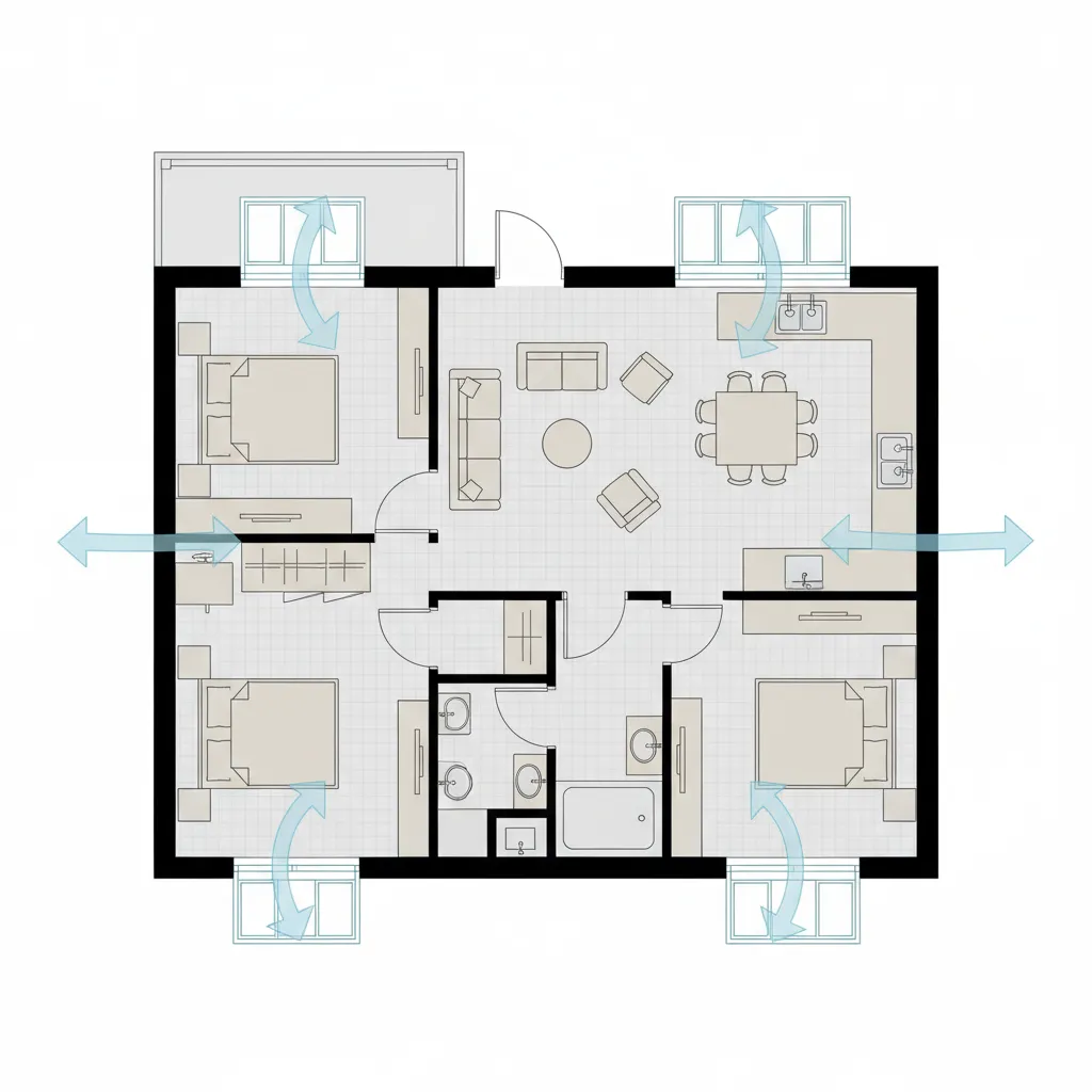 Diagram of window placement strategy for cross ventilation in a rural house layout