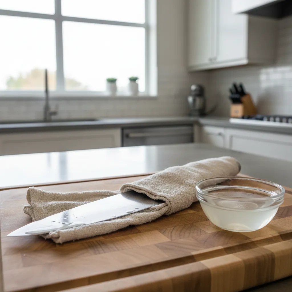 cloth soaked in vinegar cleaning rust off kitchen knife blade