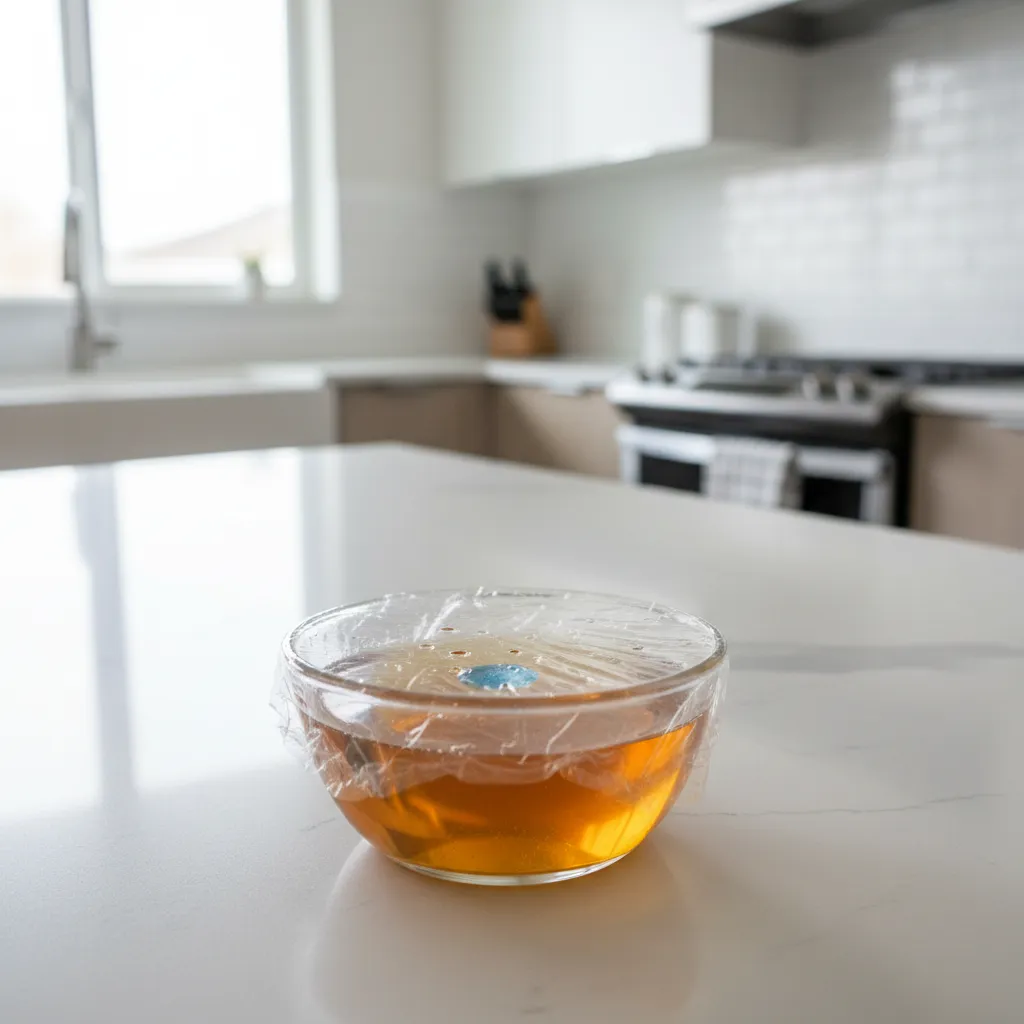 Glass bowl with vinegar fly trap covered in plastic wrap on a clean white kitchen counter