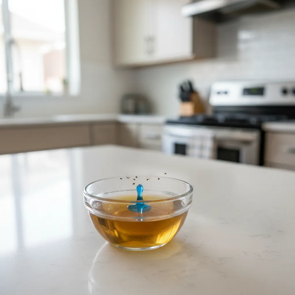 apple cider vinegar trap in bowl used to catch fruit flies in kitchen