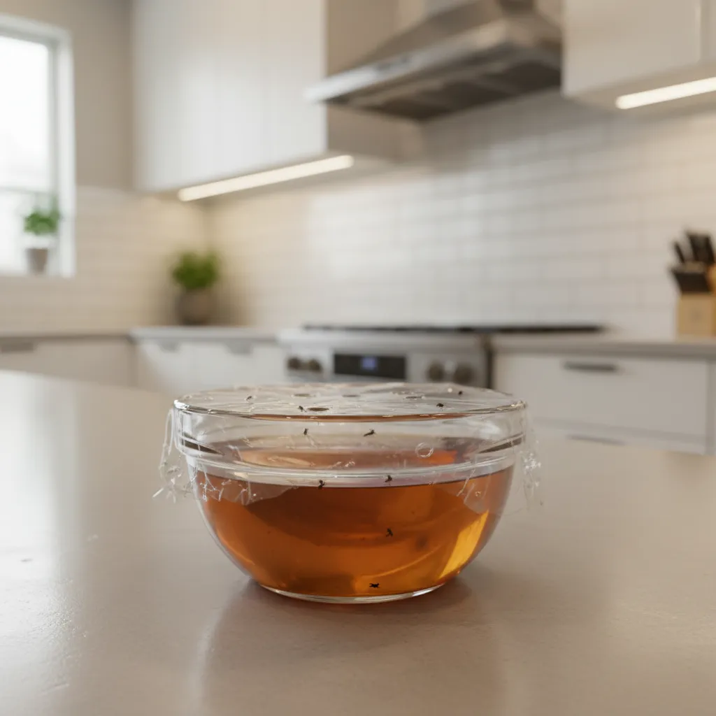 Glass bowl with vinegar fruit fly trap on kitchen counter with plastic wrap and flies