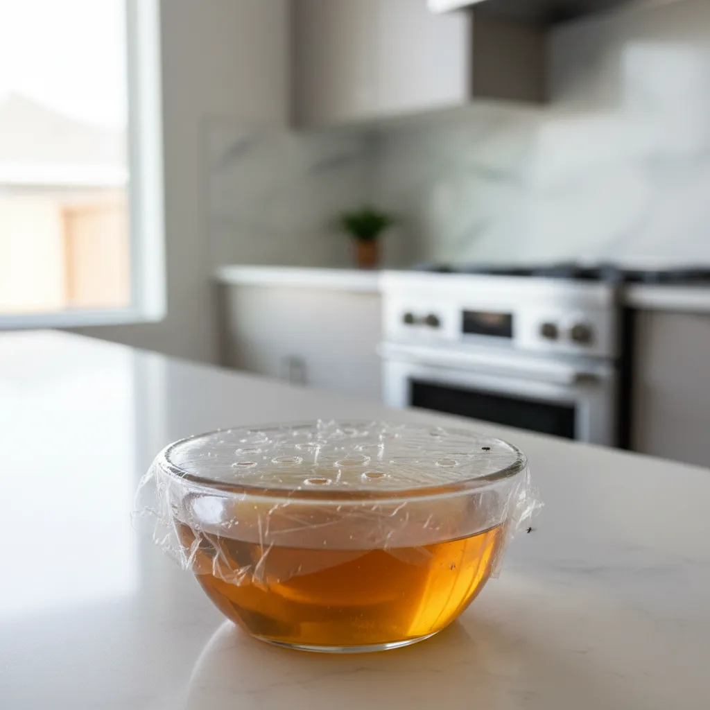 apple cider vinegar trap in bowl catching fruit flies in kitchen