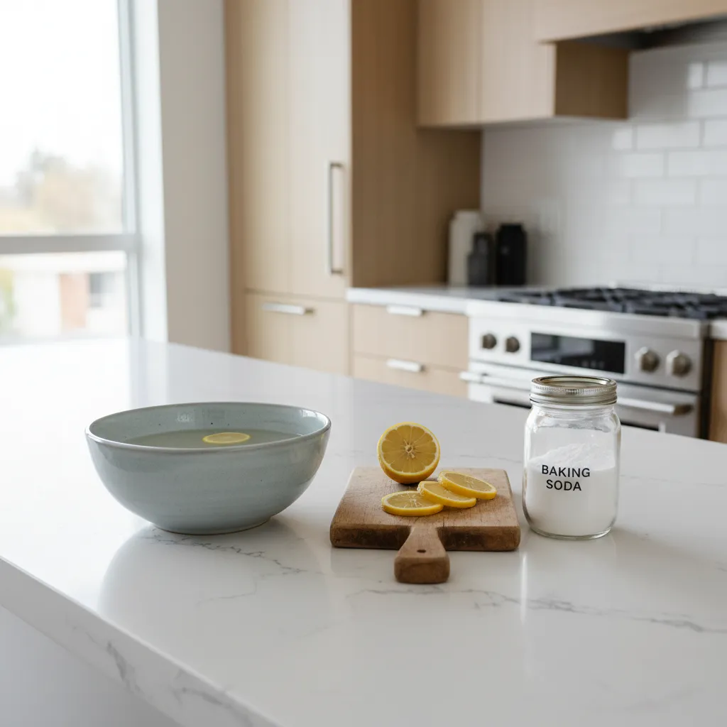 Bowl of lemon water sliced lemons on wooden board and baking soda on white kitchen countertop