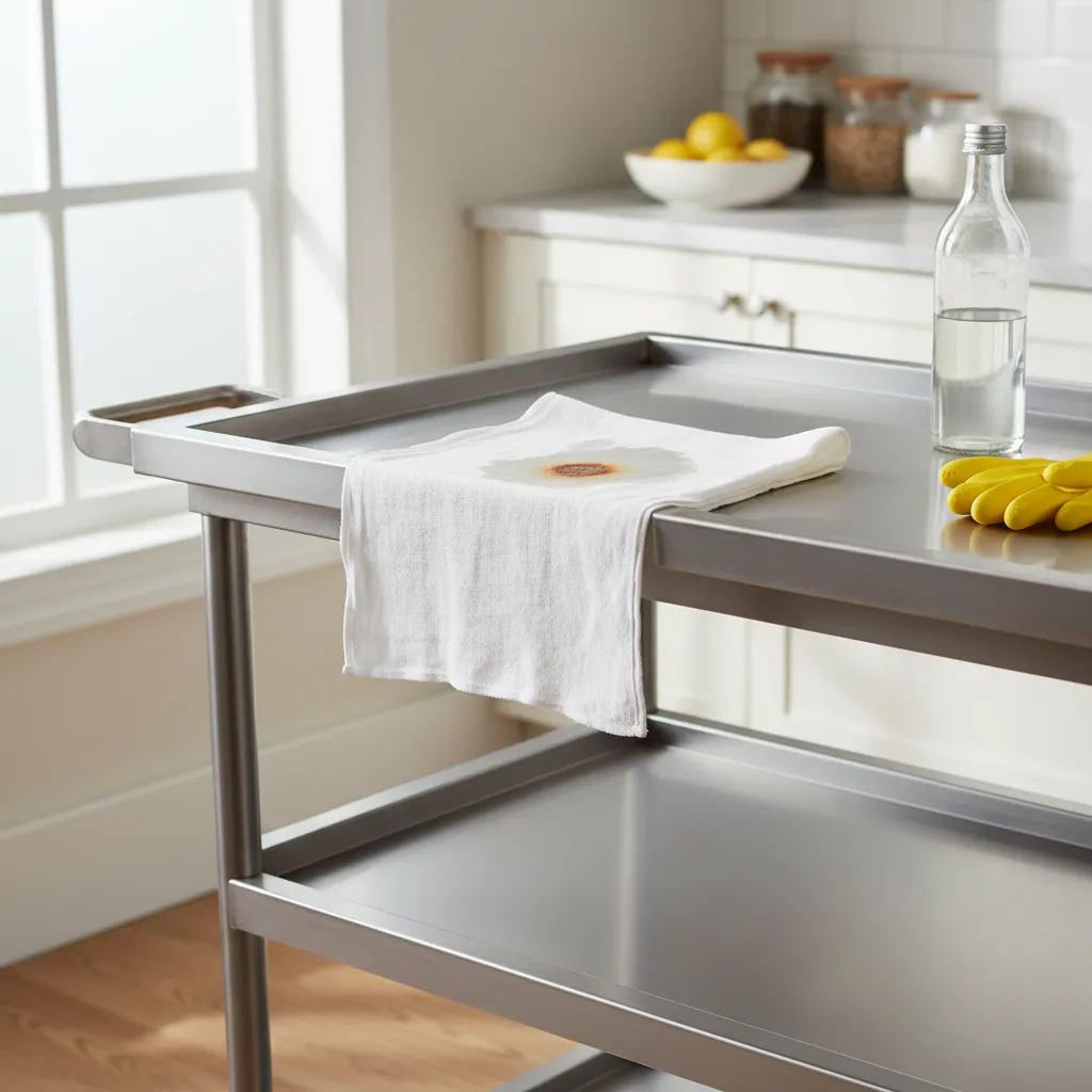 cloth soaked in vinegar placed on rust spot on kitchen trolley shelf