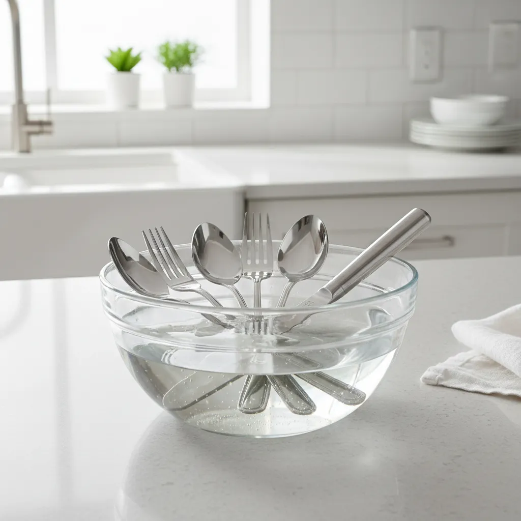 Metal utensils soaking in white vinegar to remove rust