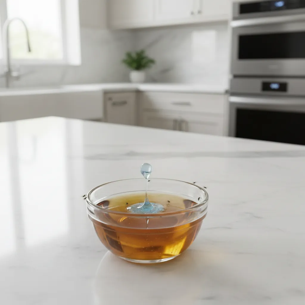 Apple cider vinegar trap used to catch fruit flies in a kitchen