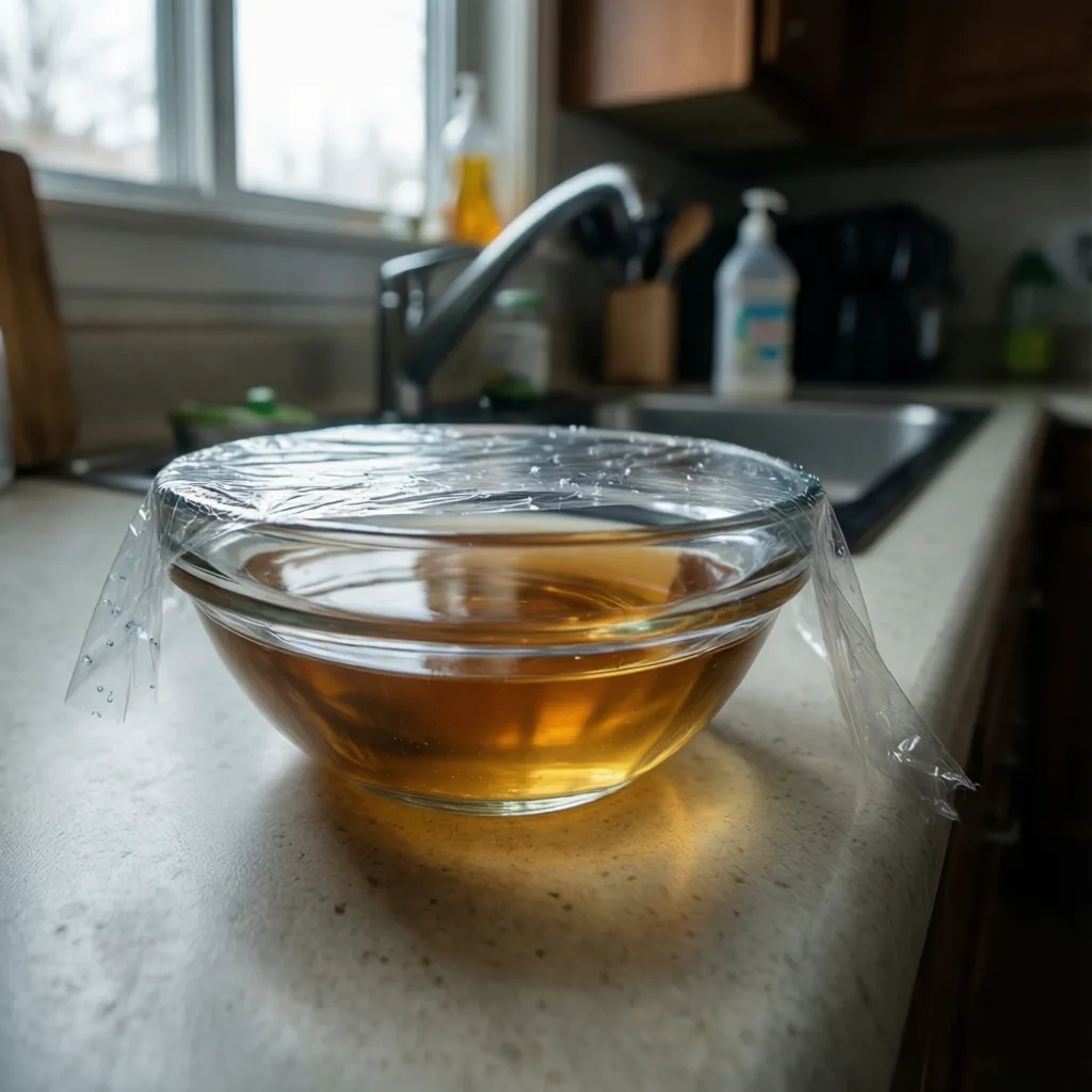 apple cider vinegar trap in small bowl used to catch fruit flies in kitchen