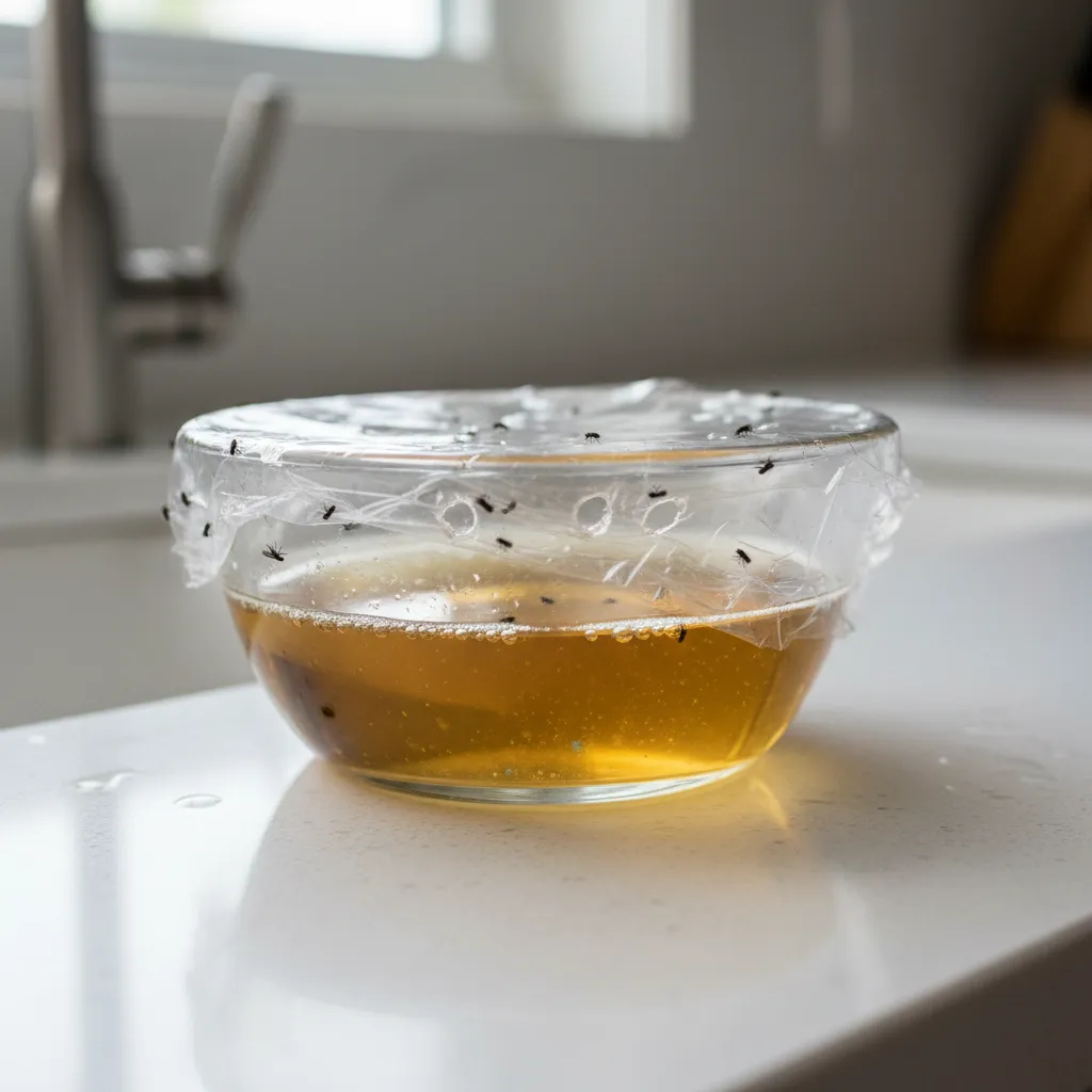 DIY vinegar trap in a small bowl catching fruit flies in a kitchen