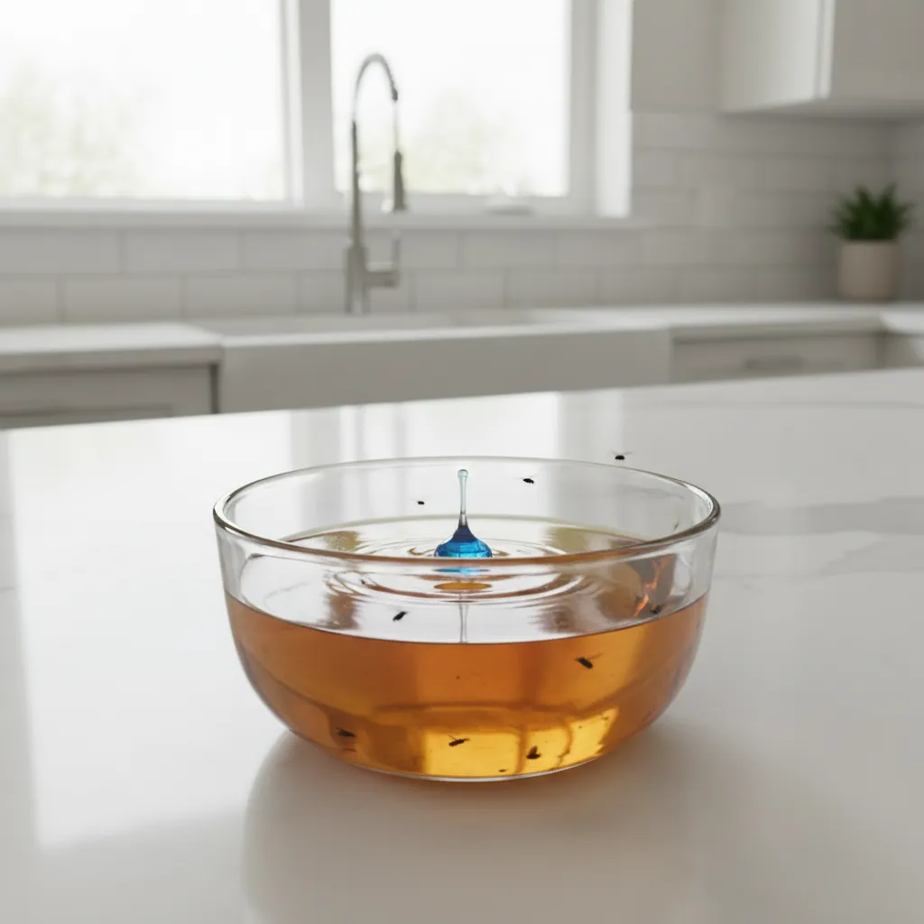 Small bowl with apple cider vinegar and dish soap used as fruit fly trap on kitchen counter