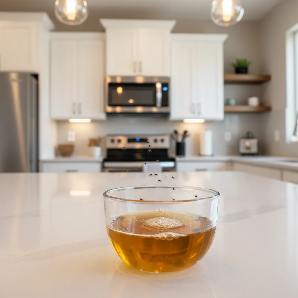 apple cider vinegar trap in small bowl on kitchen counter catching gnats