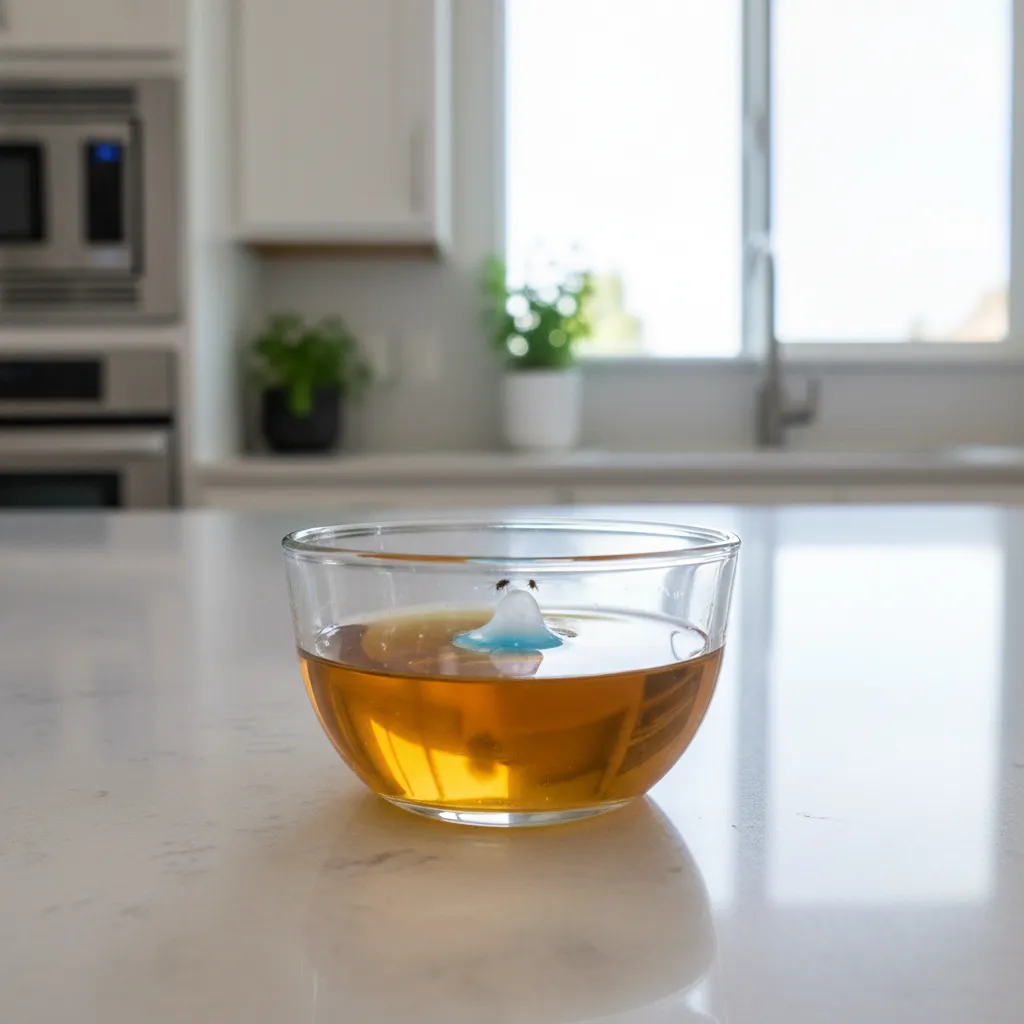 small bowl vinegar trap catching fruit flies on kitchen counter