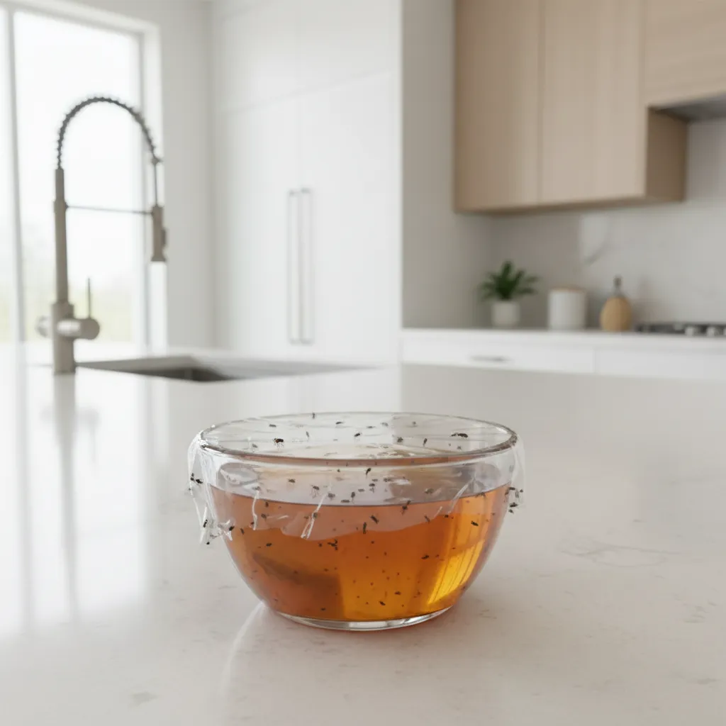 apple cider vinegar trap used to catch fruit flies in kitchen