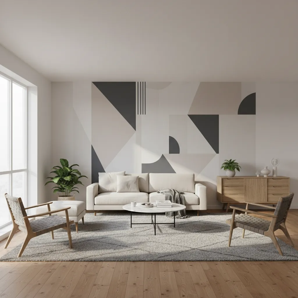 Living room with cream sofa geometric wall art wooden chairs coffee table rug and wooden cabinet