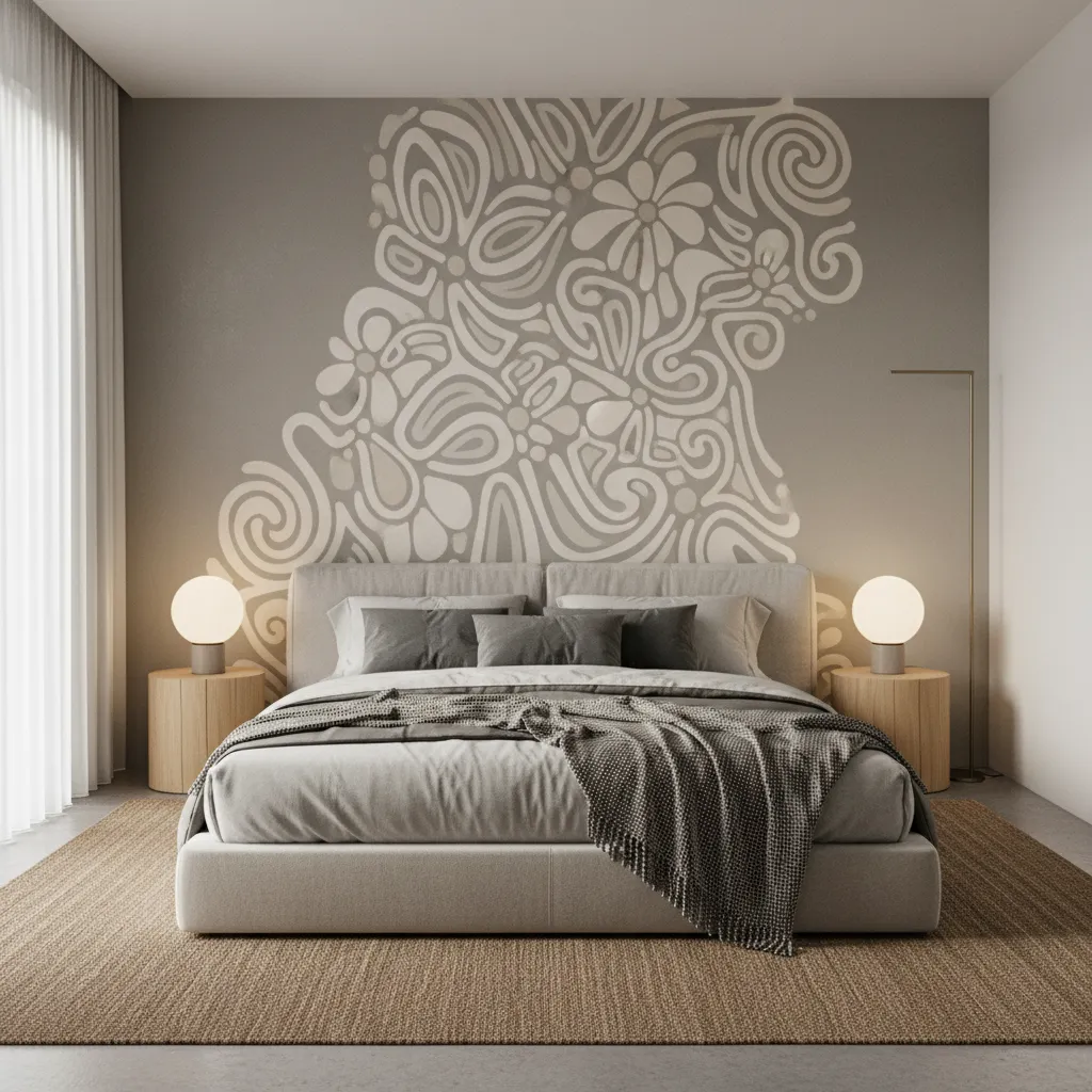 Modern bedroom featuring grey bed patterned wall art wood side tables and round ball lights