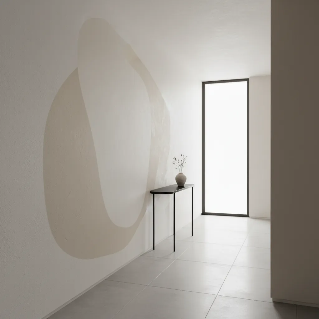 Minimalist hallway with large beige abstract mural black table small vase floor tiles and window