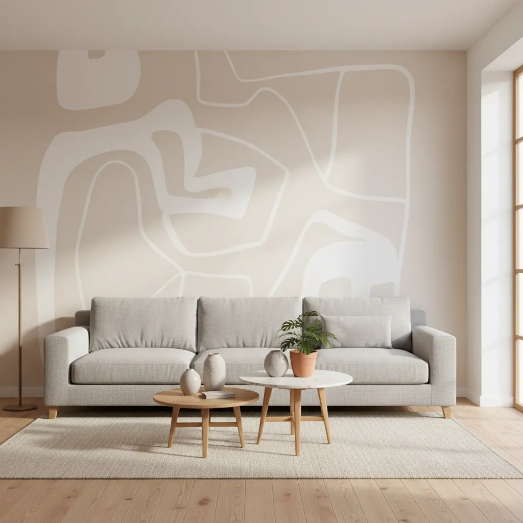 Living room with grey sofa wood floor abstract wall mural two coffee tables and lamp