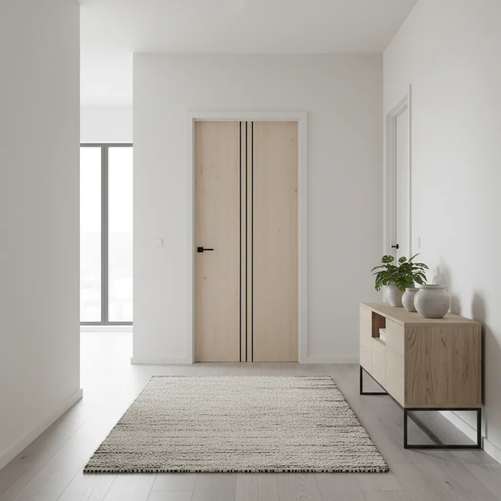 Puerta interior con vinilo minimalista de líneas negras