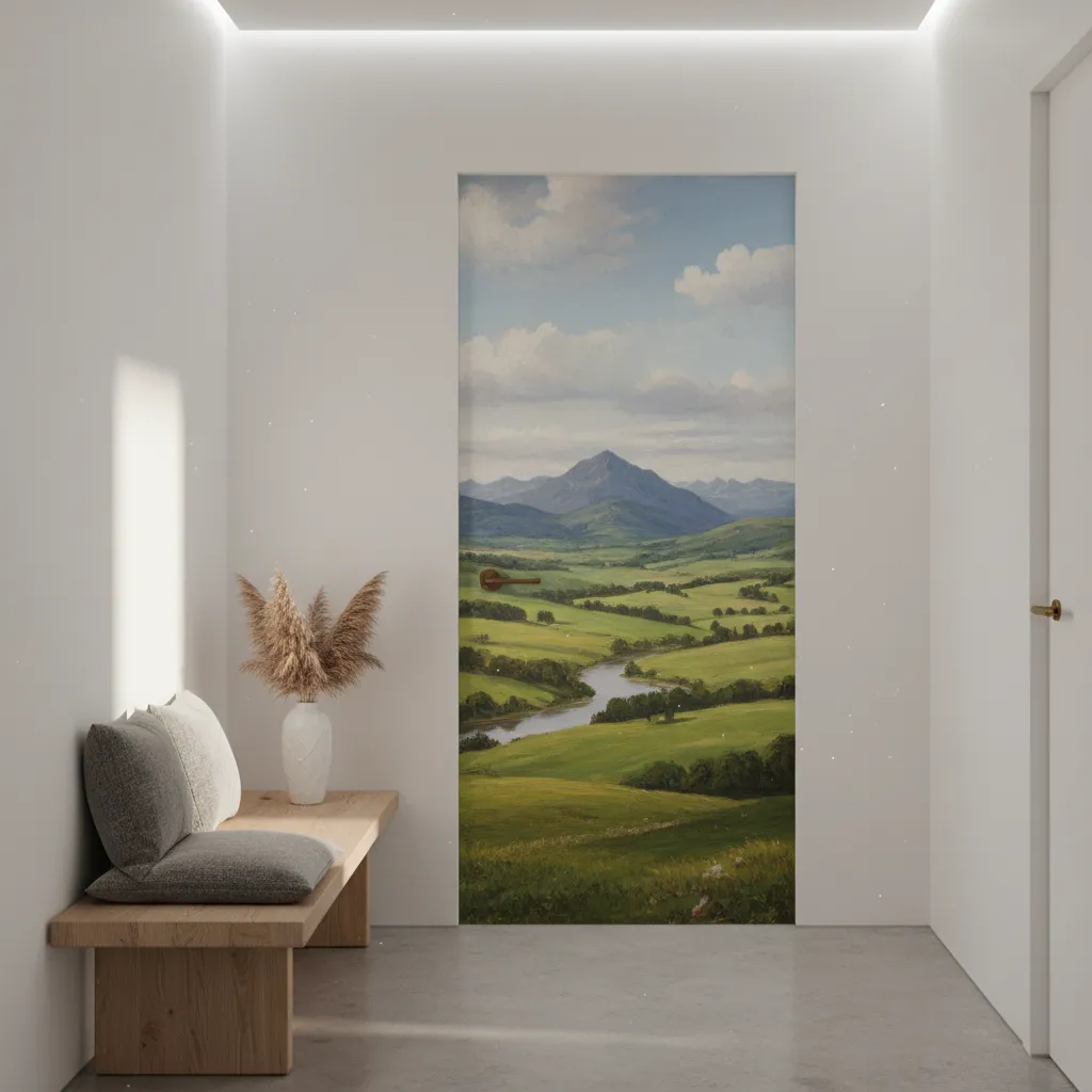 Puerta interior con vinilo mural grande con paisaje