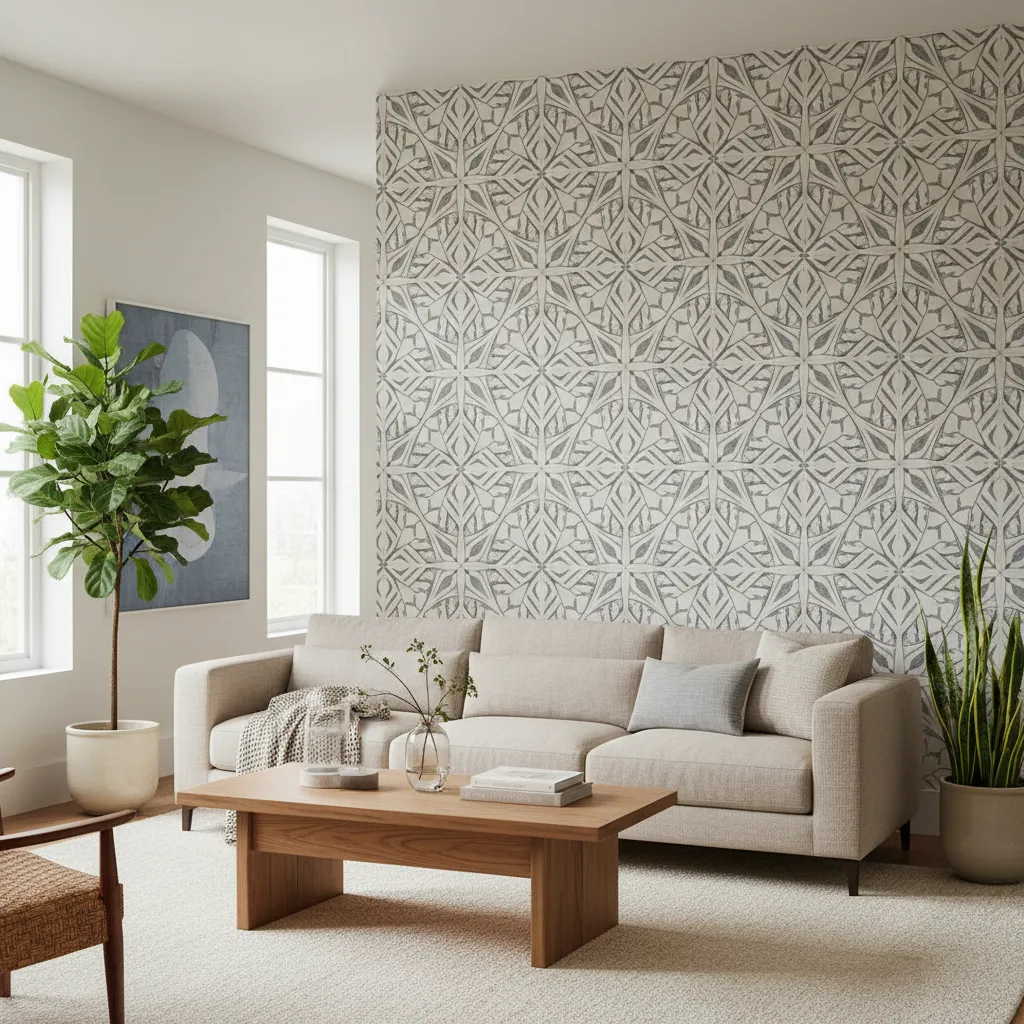 Salón moderno con pared de acento decorada con vinilo