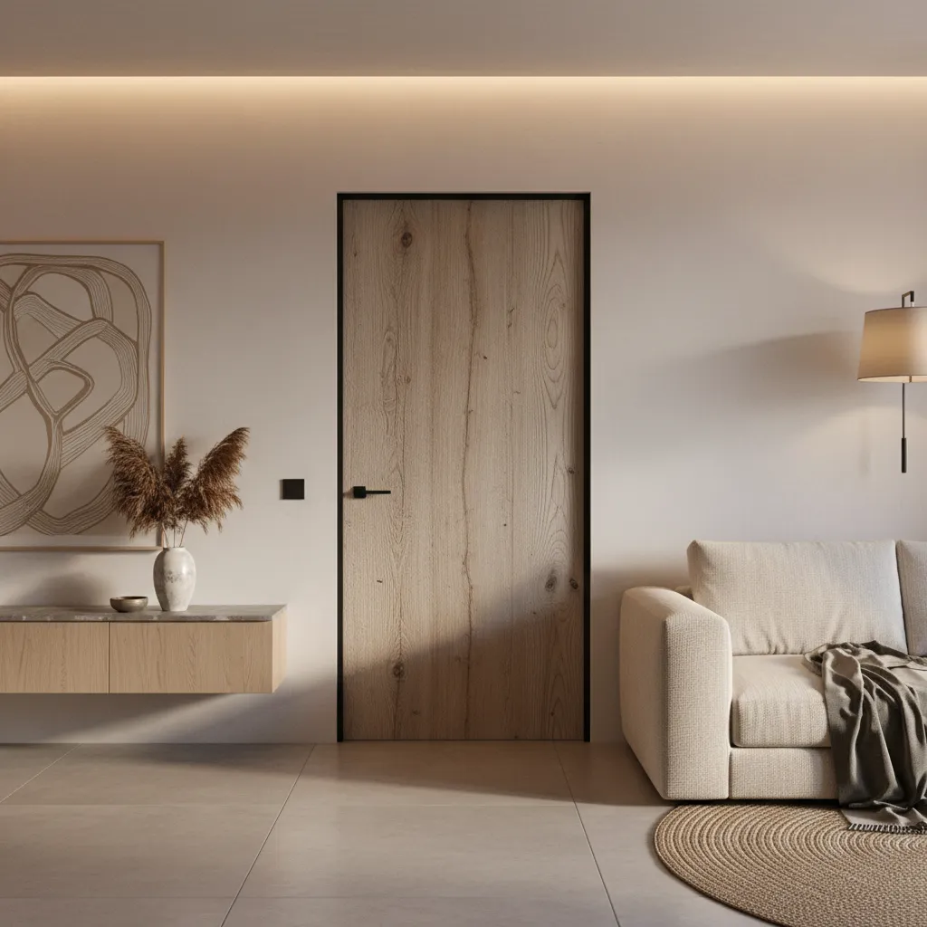 Puerta interior con vinilo efecto madera en un apartamento moderno