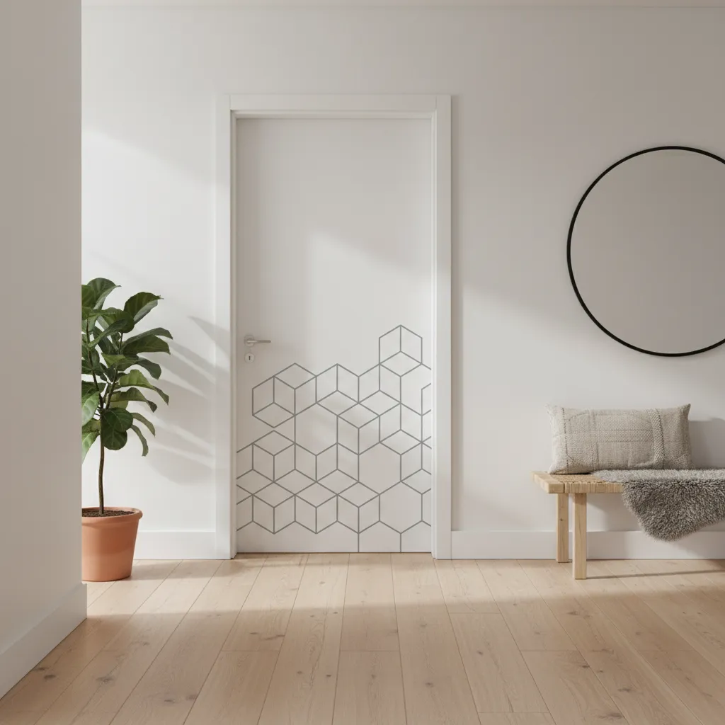Puerta interior blanca con vinilo decorativo geométrico en un pasillo moderno